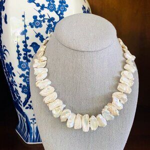 Raw Biwa Wide Stick 43 Pearl Necklace with Silver Tone Flower Clasp